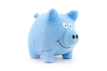 Stuffed blue piggy doll isolated on white background.