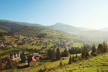 Naklejka premium Nature in the mountains, beautiful scenery, beautiful mountain scenery, the Carpathian Mountains, a village in the mountains.