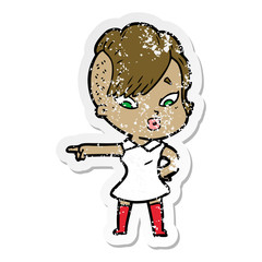 distressed sticker of a cartoon surprised girl pointing