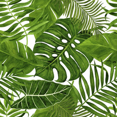 Seamless pattern with leaves for fabric, wallpaper, wrapping paper, etc. Tropical leaves watercolor hand painted.