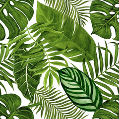 Tropical leaves watercolor hand painted. Seamless pattern with tropical leaves for fabric, wallpaper, wrapping paper, etc. 