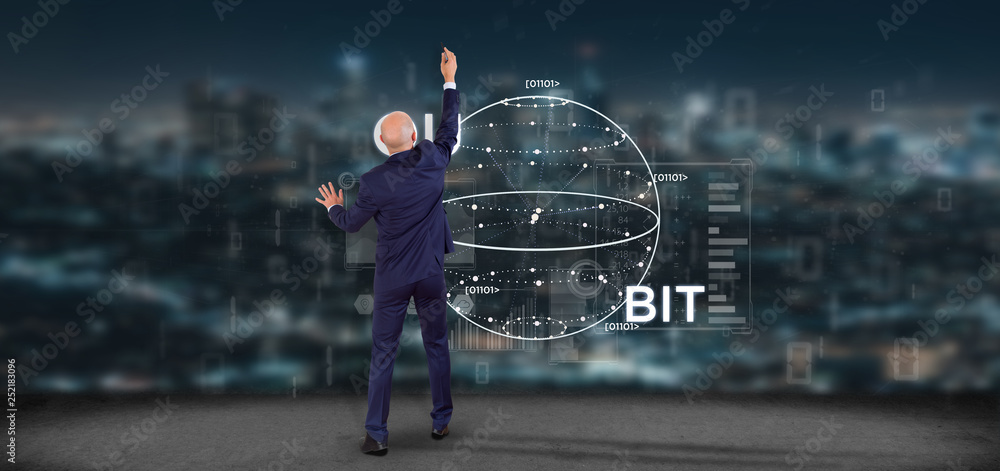 Poster businessman in front of a wall with quantum computing concept with qubit icon 3d rendering