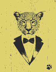 Portrait of Leopard in suit. Hand drawn illustration. Vector