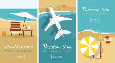 Chaise lounge and umbrella on the beach. Airplane flies over a sea. Summer Vacation and Tourism. 