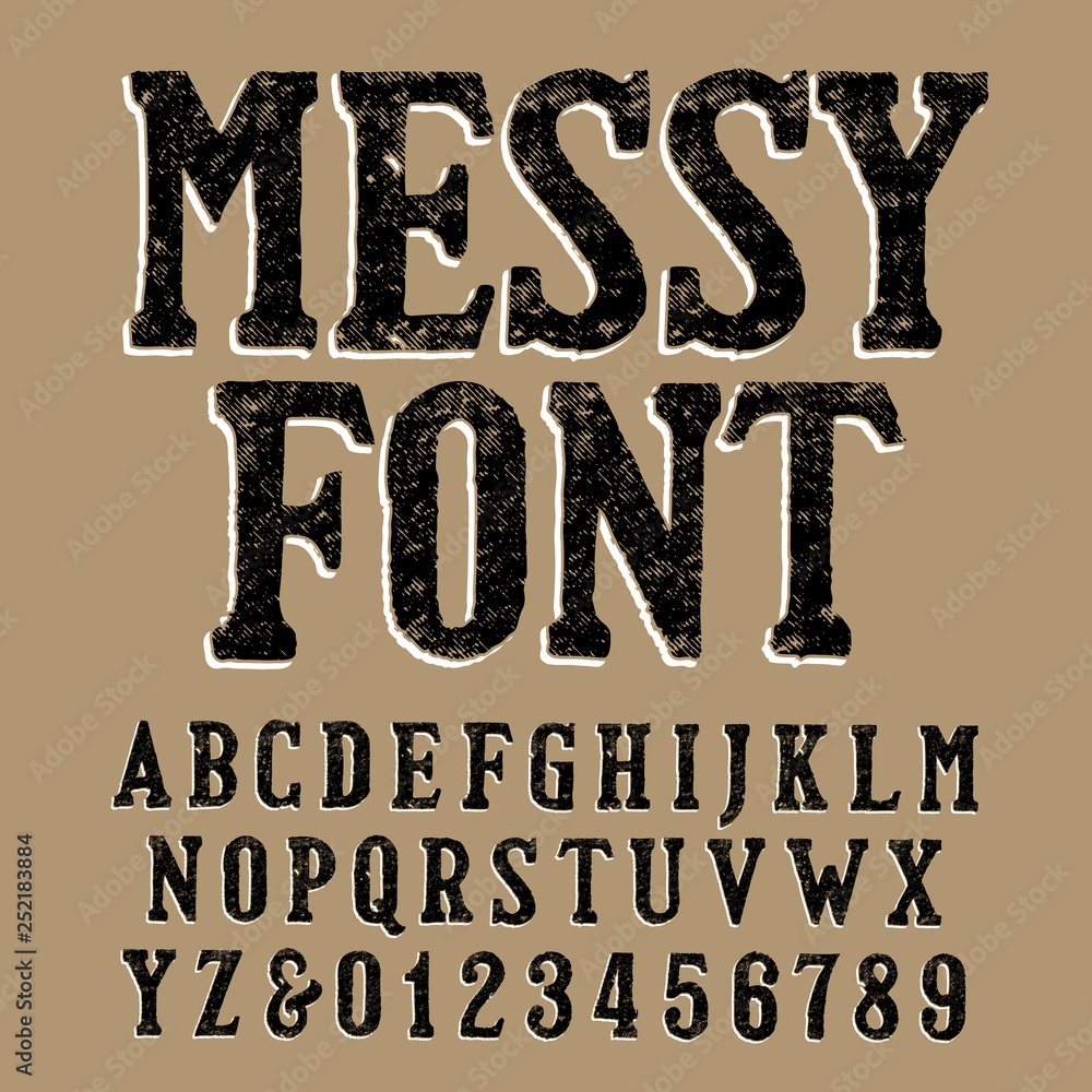Poster messy alphabet font. uppercase handwritten letters and numbers. stock vector hand drawn typeface.