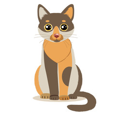 Cute Color Cartoon Cat Sitting In Front. Isolated On White Background. Sitting Cute Cat Flat Vector Illustration. Funny Character Mascot.
