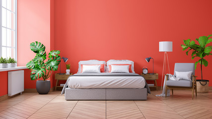 Fototapeta premium Żywy styl koralowy i nowoczesna koncepcja wnętrz sypialni koralowych, łóżko king size, szary fotel i roślina, renderowanie 3d