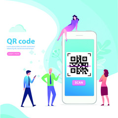  phone with QR code and characters. Flat vector cartoon illustration for web sites, banners. Location track app on touch screen smartphone