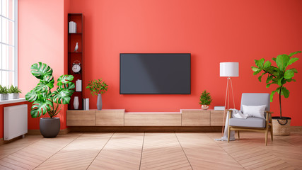  TV cabinet and display with on wood flooring and Living coral wall, minimalist and vintage interior of living room,3d rendering