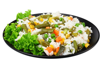 black plate with white rice, green peas, canned corn kernels, cut green beans isolated on white background