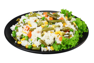 black plate with white rice, green peas, canned corn kernels, cut green beans isolated on white background