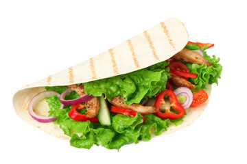 Tortilla wrap with fried chicken meat and vegetables isolated on white background. fast food