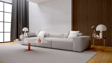 Modern luxury white  living room interior design, white sofa with marble wall ,3d rendering