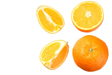 orange with slices isolated on white background. healthy food. top view