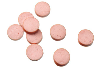 boiled sausages isolated on white background. top view