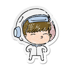 distressed sticker of a cartoon curious astronaut