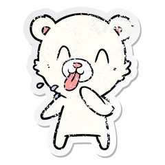 distressed sticker of a rude cartoon polar bear sticking out tongue