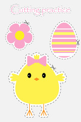 Easter egg, chick and flower in cartoon style, cutting practice, education game for the development of preschool children, use scissors, cut the images, vector illustration