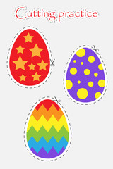 Easter decoration eggs in cartoon style, cutting practice, education game for the development of preschool children, use scissors, cut the images, vector illustration