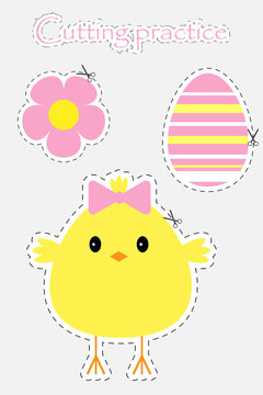 Easter egg, chick and flower in cartoon style, cutting practice, education game for the development of preschool children, use scissors, cut the images, vector illustration