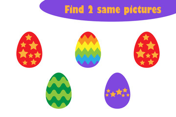 Find two identical pictures, easter fun education game with eggs for children, preschool worksheet activity for kids, task for the development of logical thinking, vector illustration