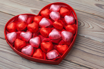 Candy Hearts on wood , valentines day.
