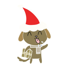 cute flat color illustration of a dog with christmas present wearing santa hat