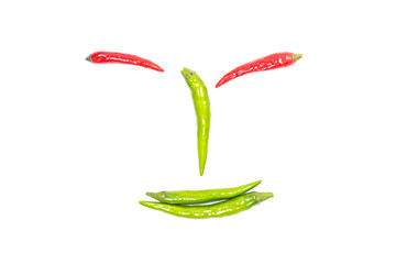 Green chilies arranged in a smiley face isolated on white background.