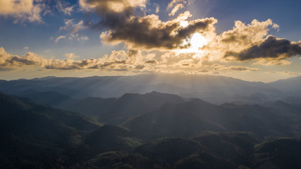 Golden sunset in the mountains landscape aerial view