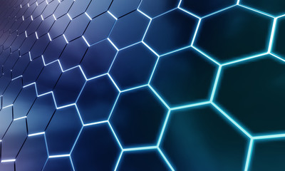 Glowing black and blue hexagons background pattern on silver metal surface 3D rendering