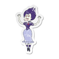 retro distressed sticker of a cartoon vampire girl with bloody mouth