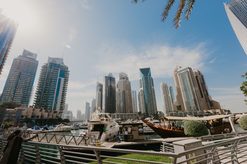 Obraz premium January 02, 2019 . Panoramic view with modern skyscrapers and water pier of Dubai Marina , United Arab Emirates