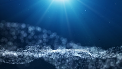 Blue digital abstract background with wave particles, glow sparkles and space with depth of field....