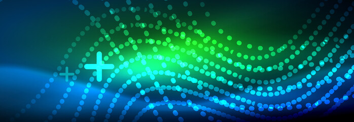 Obraz premium Glowing abstract wave on dark, shiny motion, magic space light. Vector techno abstract background