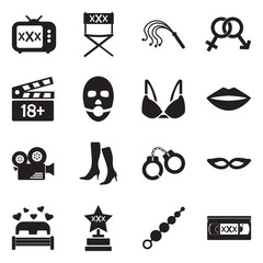 Adult Movie Icons. Black Flat Design. Vector Illustration.