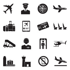 Aviation Icons. Black Flat Design. Vector Illustration. 