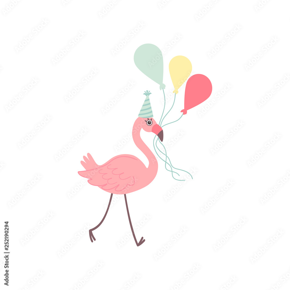 Sticker Cute Flamingo Wearing Party Hat Holding Colorful Balloons, Beautiful Exotic Bird Character Vector Illustration