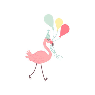Cute Flamingo Wearing Party Hat Holding Colorful Balloons, Beautiful Exotic Bird Character Vector Illustration