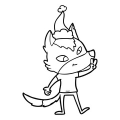friendly line drawing of a wolf giving peace sign wearing santa hat