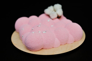 Biscuit Gioconda (based on almond flour), raspberry mousse, white chocolate-based mousse-solid tenderness and lightness