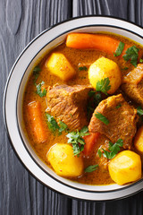 Potjiekos, is a traditional stew recipe from South Africa and Namibia closeup in a bowl. Vertical...