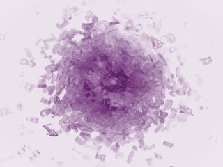 Chaotic cluster of letters around the sphere 3D illustration