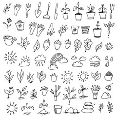 Nature icons set, hand drawn doodle collection of nature signs