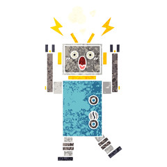 retro illustration style cartoon malfunctioning robot