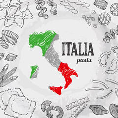 Italia food set, vector background with hand drawn italian pasta, map of Italy