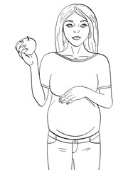 children and adult coloring, black lines, white background. Pregnant woman on the ninth month. Holds an apple in his hand.