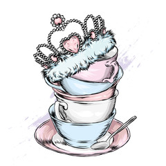 Beautiful vintage cups, saucers and crown. Vector illustration for postcard or poster, print for clothes. Tea or coffee. China. 
