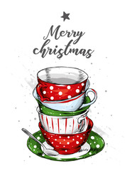 Set of vintage cups. Tea and coffee. Vector illustration for greeting card or poster. New Year's and Christmas. Winter holidays. 