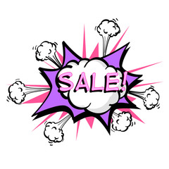 Sale, colorful speech bubble and explosions in pop art style. Elements of design comic books. Raster Object isolated on white