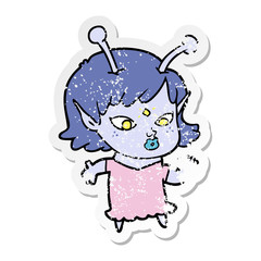 distressed sticker of a pretty cartoon alien girl